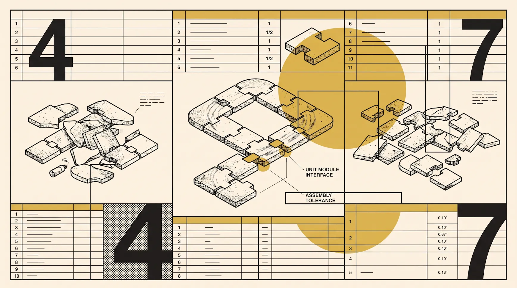 Technical drawing of interlocking modular blocks being assembled, with parts tables and labels for unit module interface and assembly tolerance