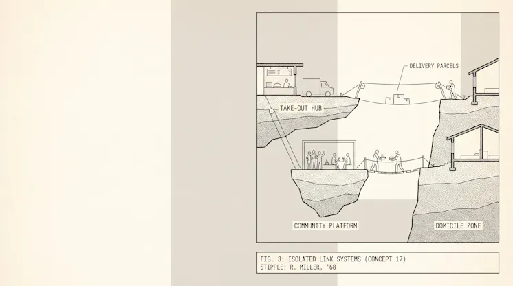 Diagram-style illustration of an isolated community platform linked to homes and a take-out hub by cables carrying delivery parcels