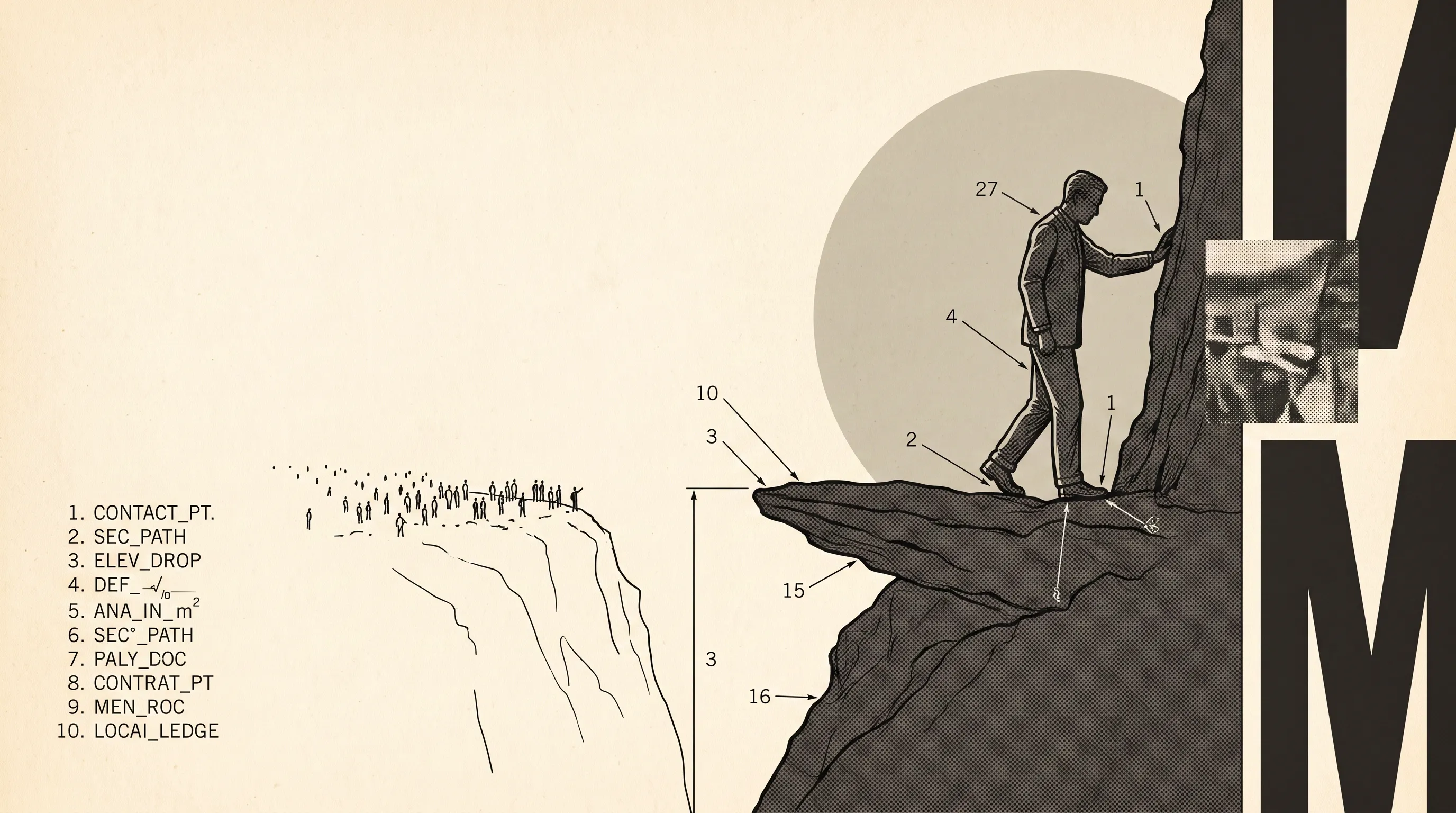 Annotated illustration of a man in a suit stepping from a cliff ledge onto a rock face while a crowd watches from below