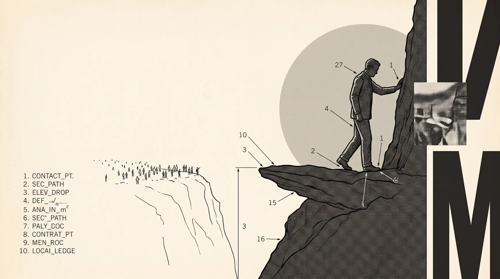 Annotated illustration of a man in a suit stepping from a cliff ledge onto a rock face while a crowd watches from below