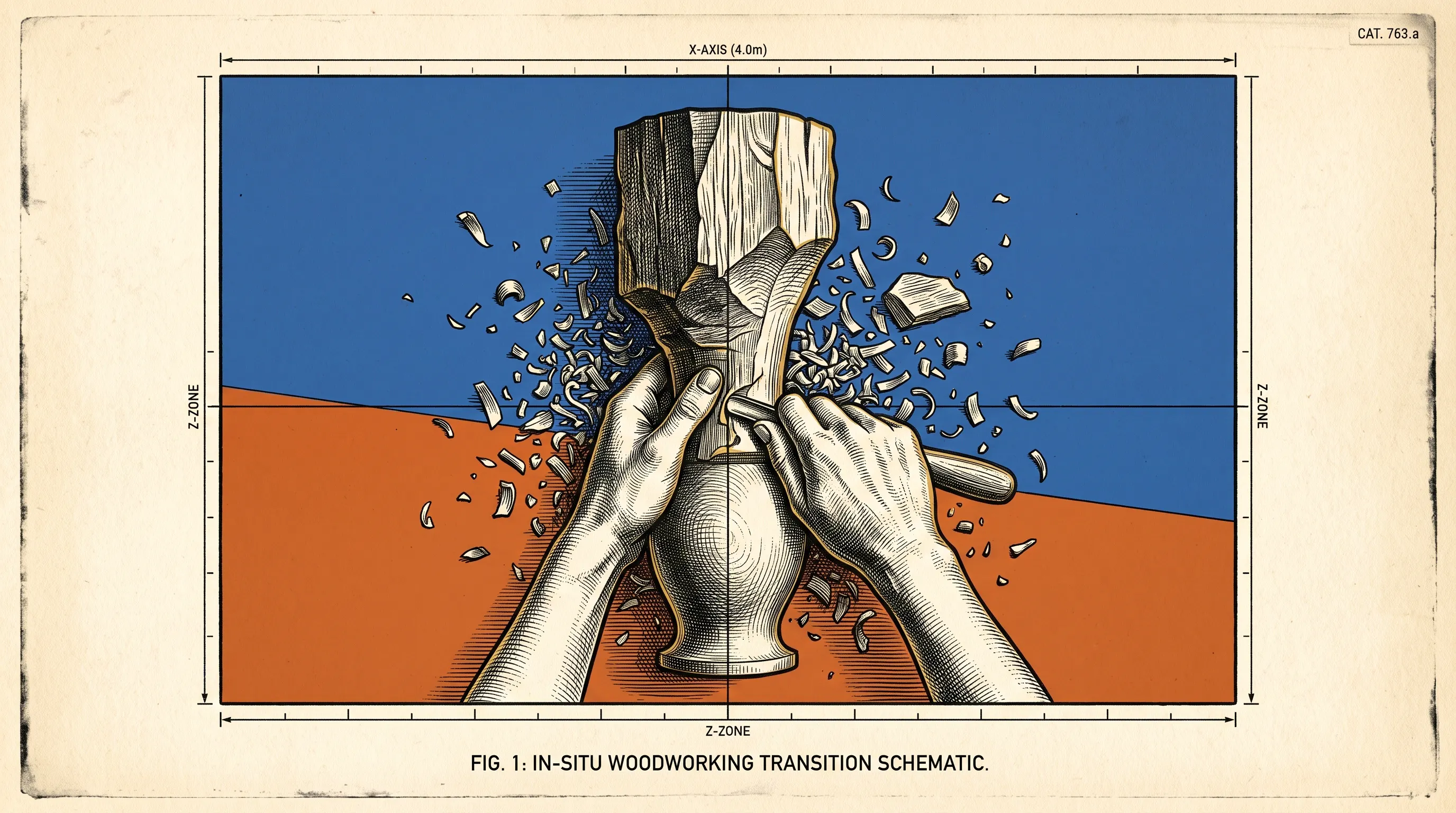 Illustration of hands carving a wooden vase with a chisel as chips fly, captioned In-Situ Woodworking Transition Schematic