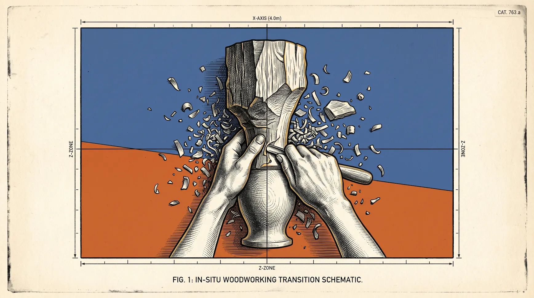 Illustration of hands carving a wooden vase with a chisel as chips fly, captioned In-Situ Woodworking Transition Schematic