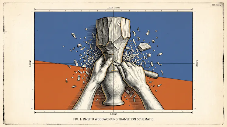 Illustration of hands carving a wooden vase with a chisel as chips fly, captioned In-Situ Woodworking Transition Schematic