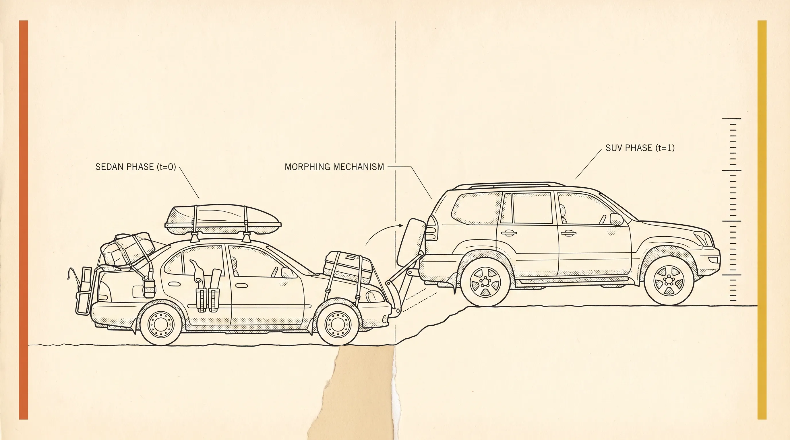 Diagram-style illustration of an overloaded sedan labelled sedan phase morphing into an SUV labelled SUV phase