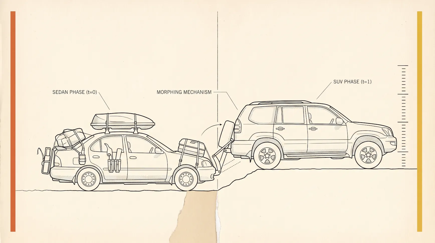 Diagram-style illustration of an overloaded sedan labelled sedan phase morphing into an SUV labelled SUV phase