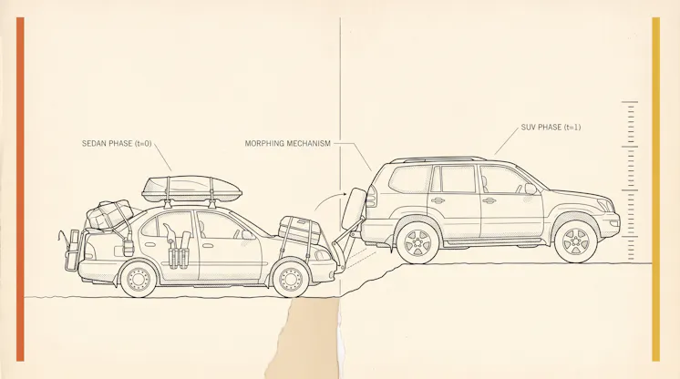 Diagram-style illustration of an overloaded sedan labelled sedan phase morphing into an SUV labelled SUV phase