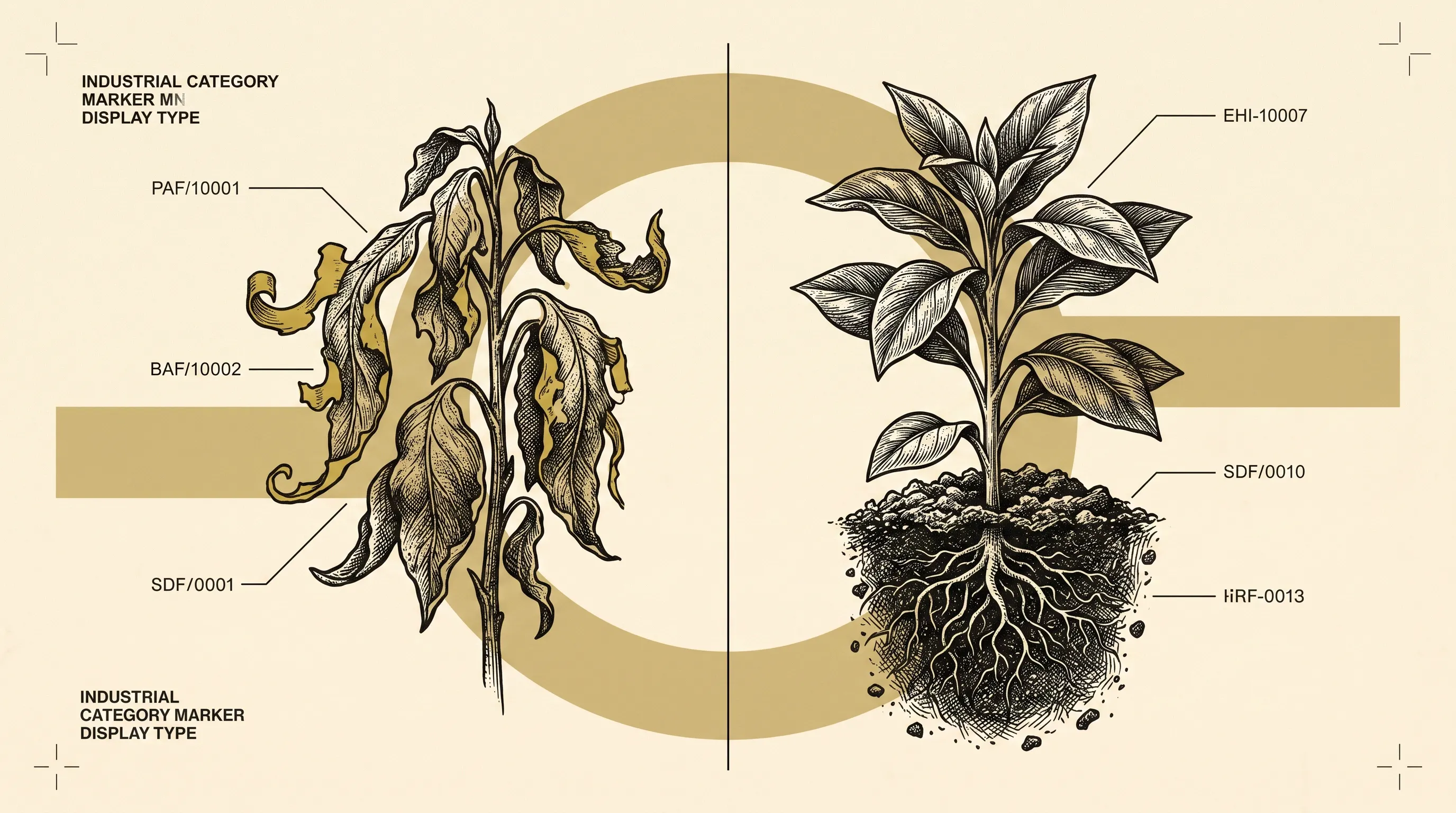 Diagram-style illustration of a wilted, yellowing plant beside a healthy plant with visible roots, both marked with technical labels