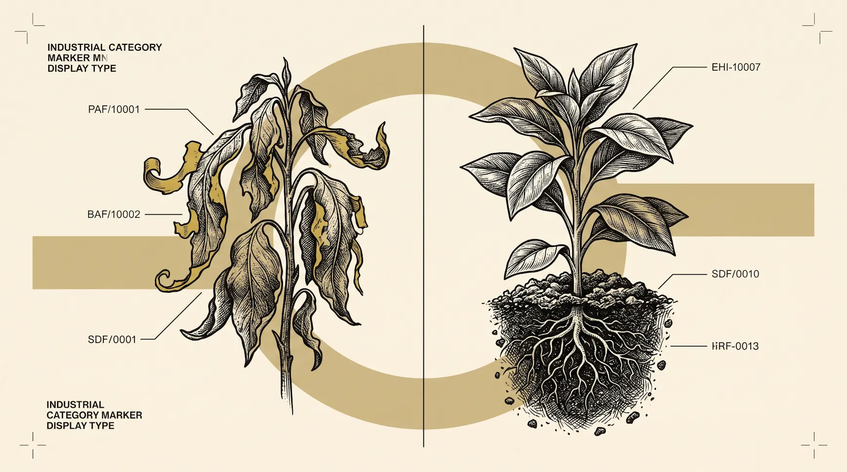 Diagram-style illustration of a wilted, yellowing plant beside a healthy plant with visible roots, both marked with technical labels