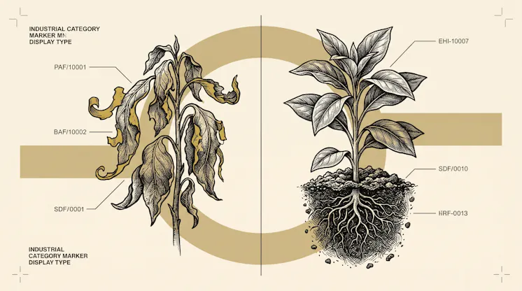 Diagram-style illustration of a wilted, yellowing plant beside a healthy plant with visible roots, both marked with technical labels