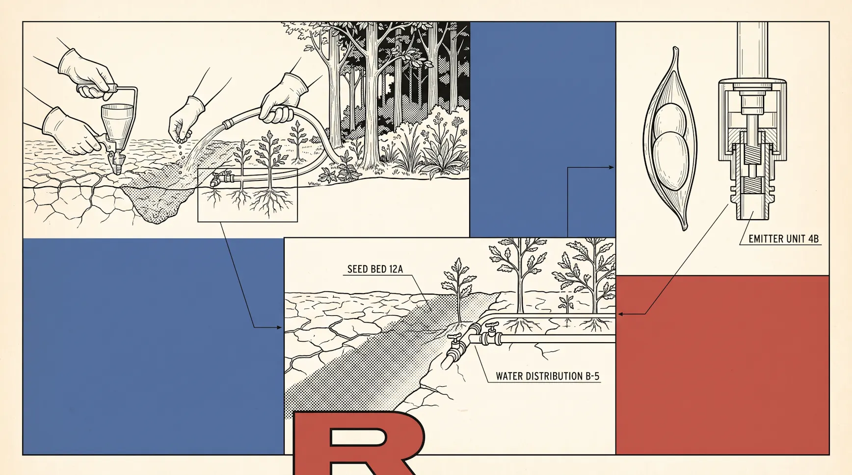 Vintage technical illustration of hands planting seeds and watering cracked earth beside a forest, with labeled seed bed and irrigation emitter details