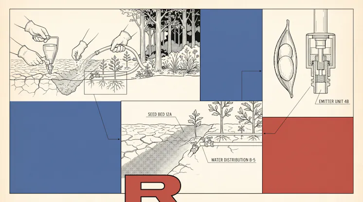 Vintage technical illustration of hands planting seeds and watering cracked earth beside a forest, with labeled seed bed and irrigation emitter details
