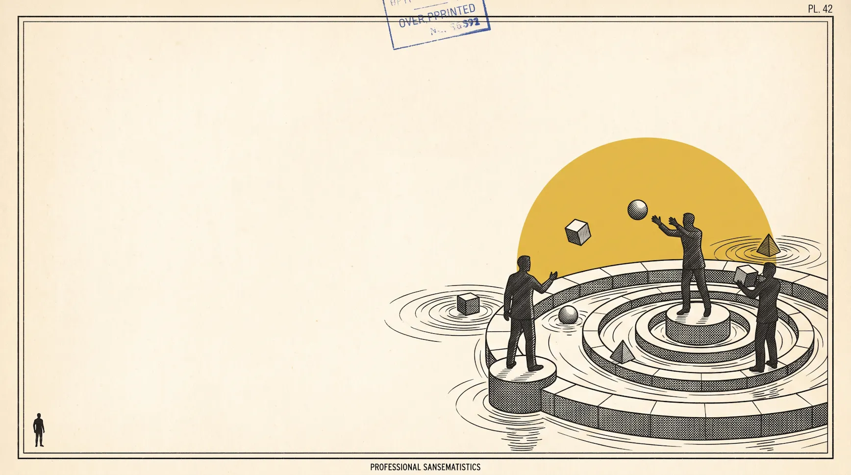 Illustration of three figures on a circular stepped platform tossing geometric shapes across rippling water under a golden sun