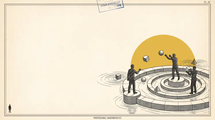 Illustration of three figures on a circular stepped platform tossing geometric shapes across rippling water under a golden sun