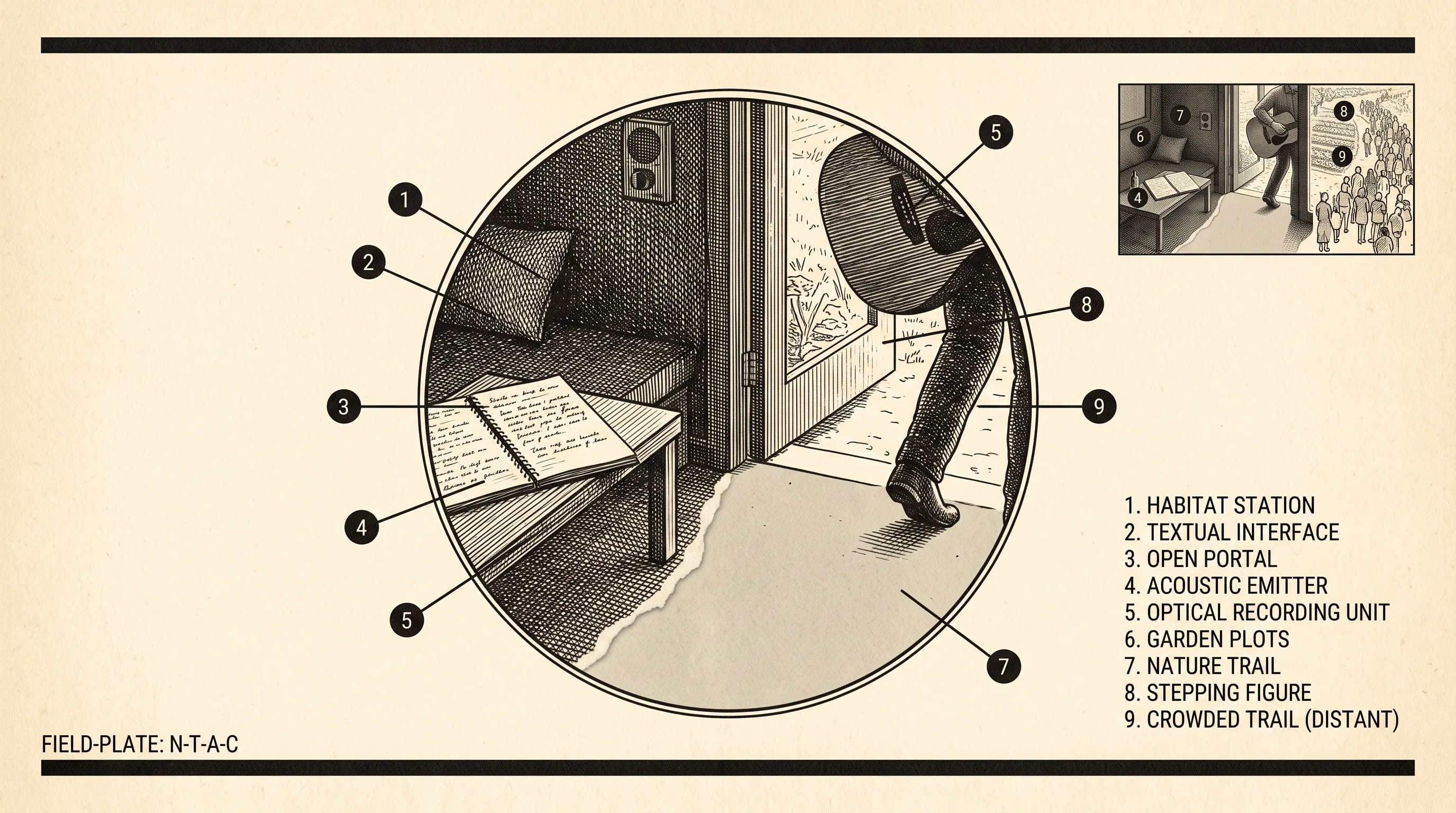 Vintage field-plate illustration of a developer's room opening onto a nature trail, with numbered callouts for the bed, notebook, guitar and path outside