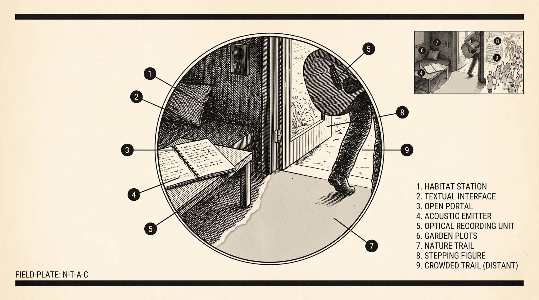 Vintage field-plate illustration of a developer's room opening onto a nature trail, with numbered callouts for the bed, notebook, guitar and path outside