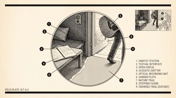 Vintage field-plate illustration of a developer's room opening onto a nature trail, with numbered callouts for the bed, notebook, guitar and path outside
