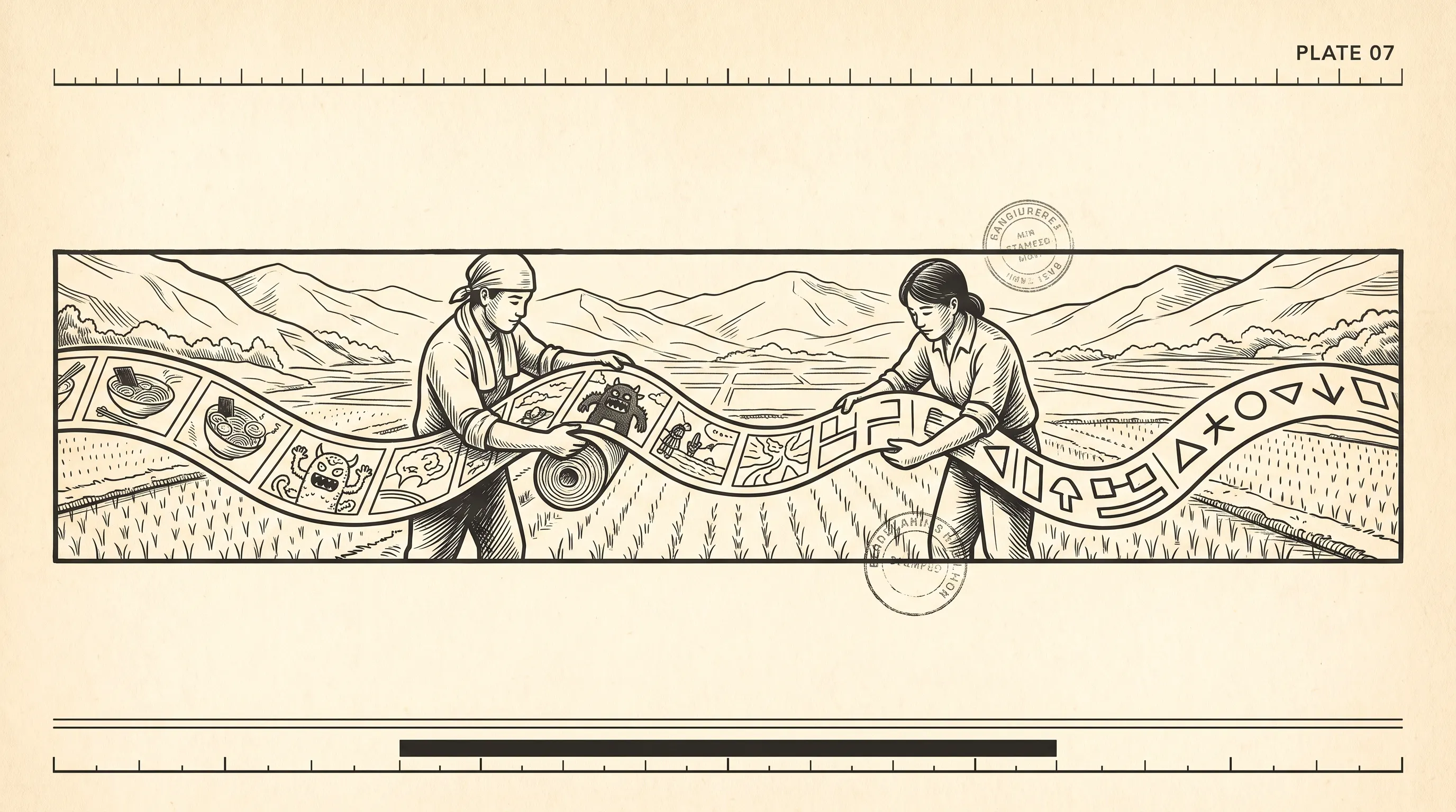 Illustration of two farmers in a rice field unrolling a filmstrip of cartoon monsters and ramen bowls that turns into simple symbols
