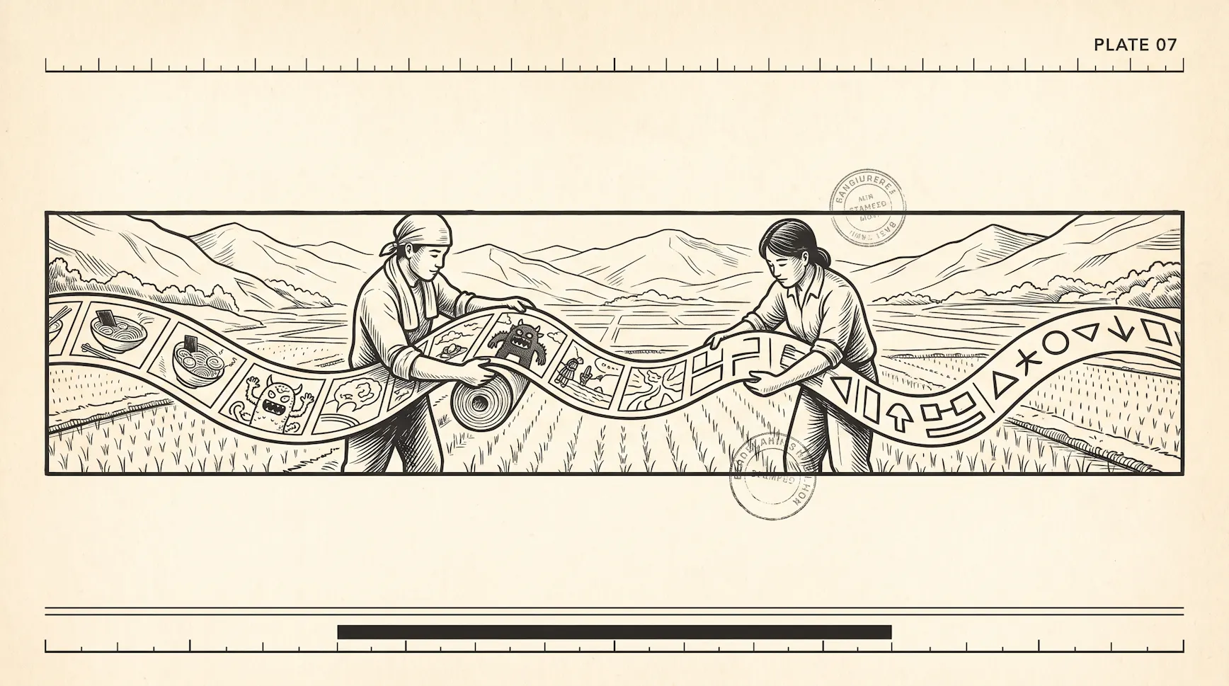 Illustration of two farmers in a rice field unrolling a filmstrip of cartoon monsters and ramen bowls that turns into simple symbols