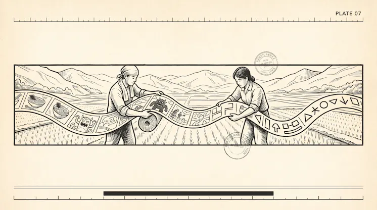 Illustration of two farmers in a rice field unrolling a filmstrip of cartoon monsters and ramen bowls that turns into simple symbols