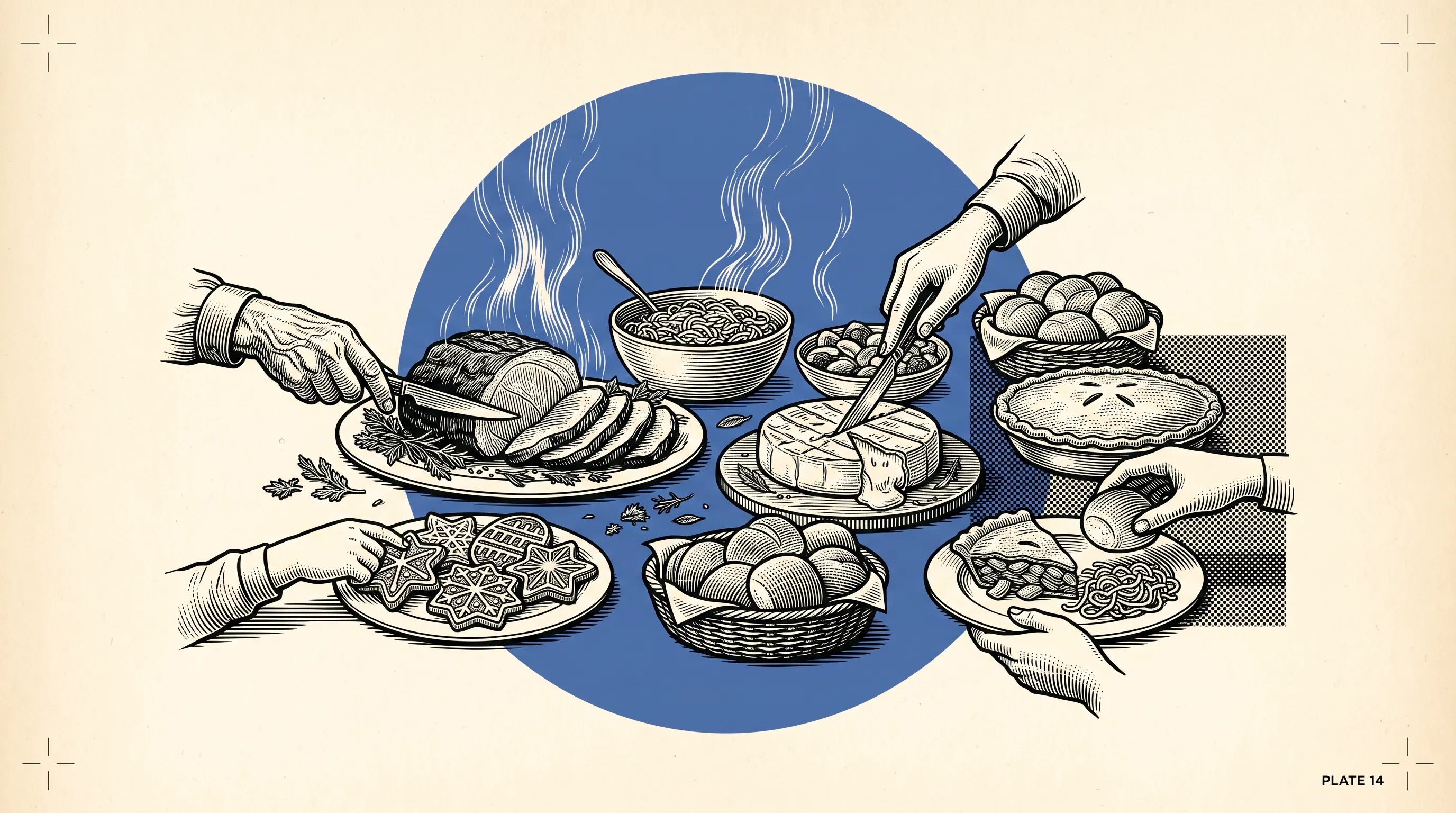 Illustration of hands reaching across a table spread with roast, bread rolls, pie, cookies, cheese and steaming bowls