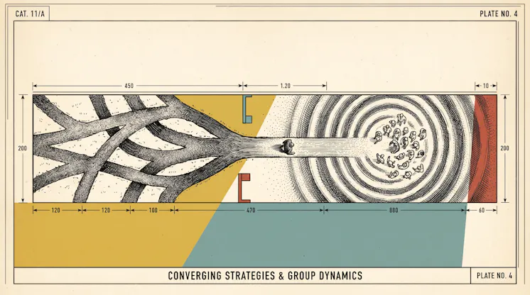 Technical-style plate titled Converging Strategies & Group Dynamics: branching paths narrow into one channel leading to a circle of people