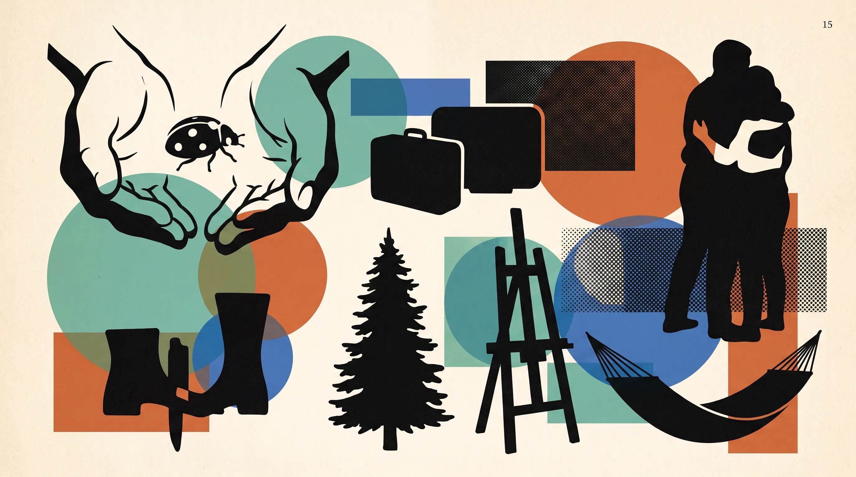 Collage of silhouettes: hands holding a ladybug, luggage, boots, a pine tree, an easel, a hammock and a couple embracing