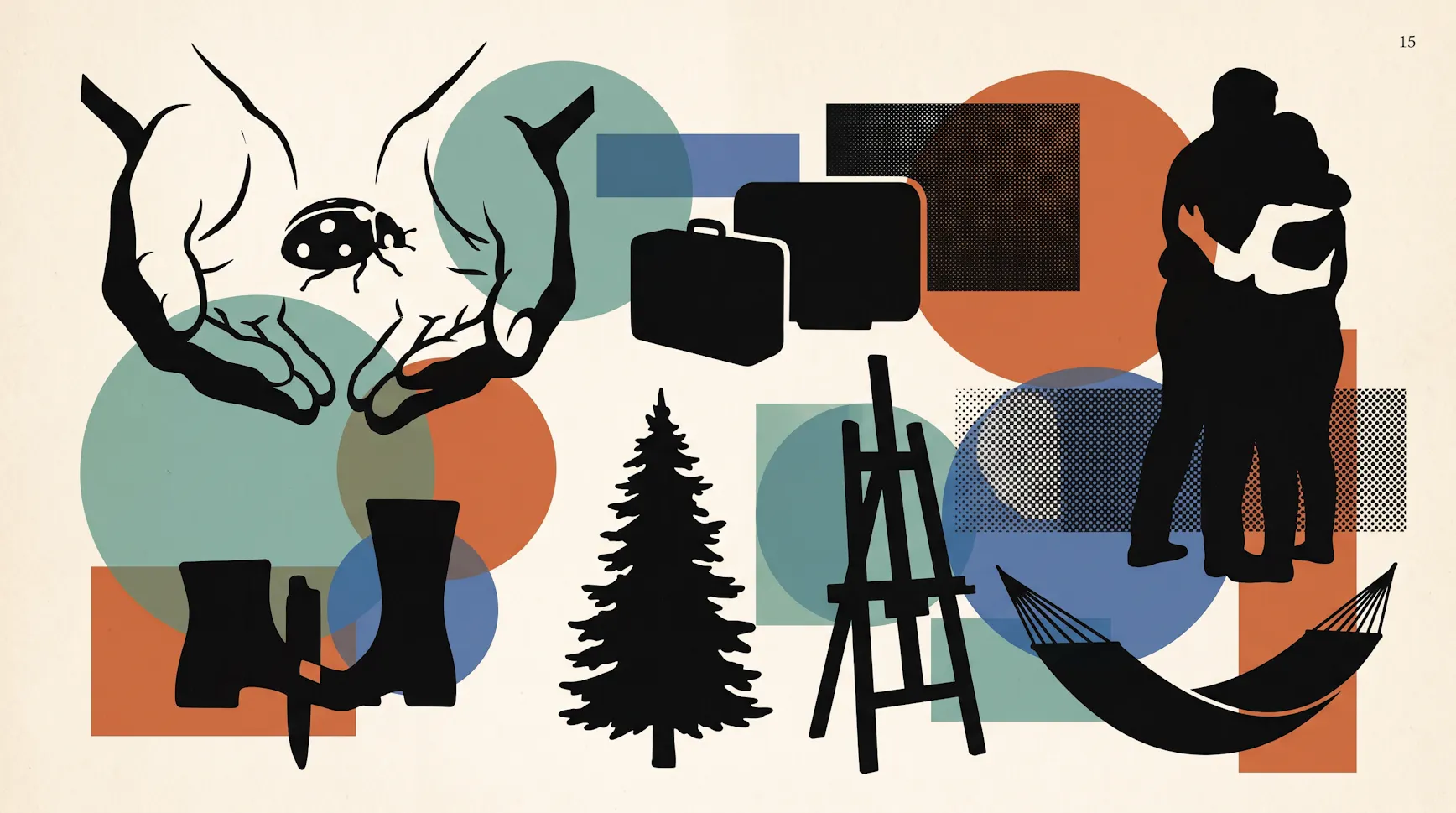 Collage of silhouettes: hands holding a ladybug, luggage, boots, a pine tree, an easel, a hammock and a couple embracing