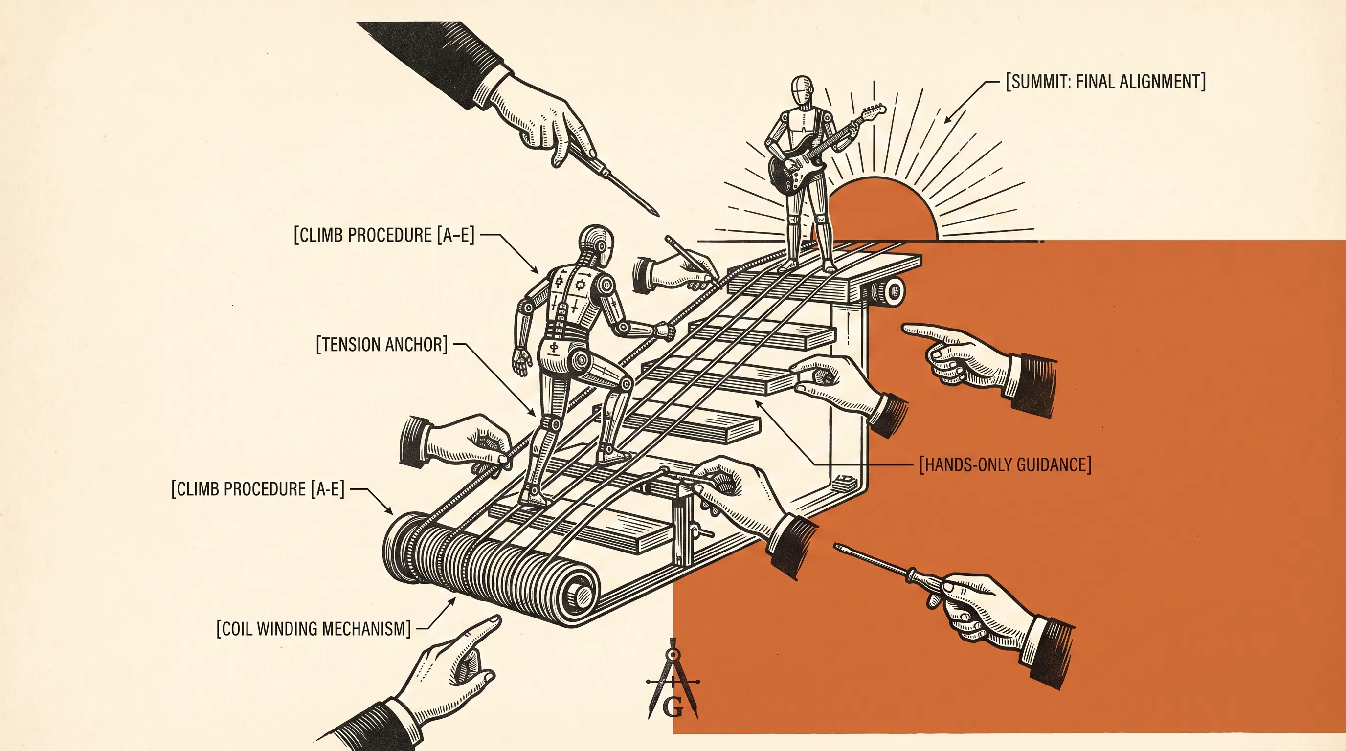 Illustration of a robot figure climbing a rig of steps, guided by pointing hands, toward a guitar-playing figure at a sunrise labeled Summit: Final Alignment