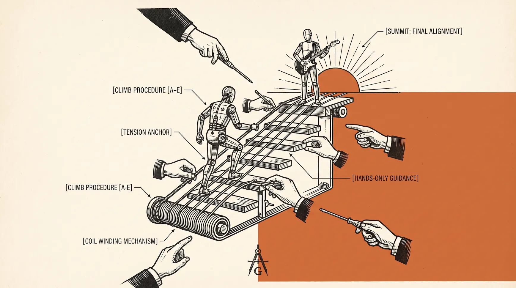 Illustration of a robot figure climbing a rig of steps, guided by pointing hands, toward a guitar-playing figure at a sunrise labeled Summit: Final Alignment