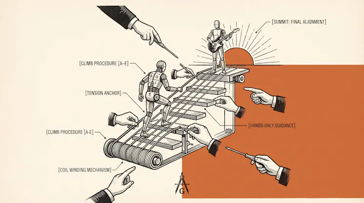 Illustration of a robot figure climbing a rig of steps, guided by pointing hands, toward a guitar-playing figure at a sunrise labeled Summit: Final Alignment