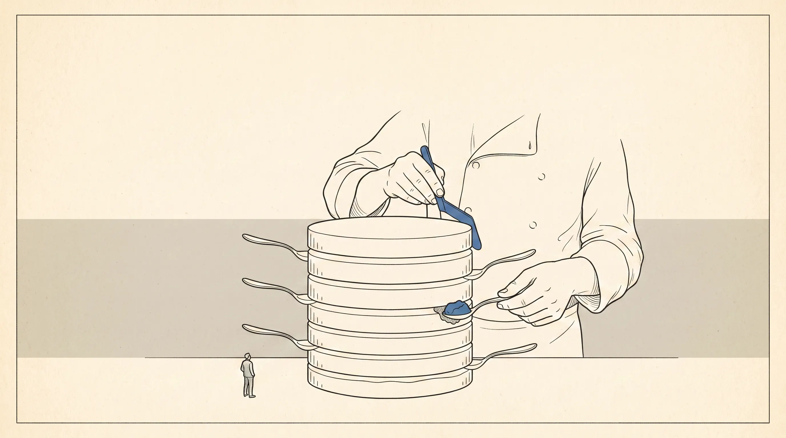 Illustration of a chef spooning sauce onto a tall stack of identical pans while a tiny figure looks on