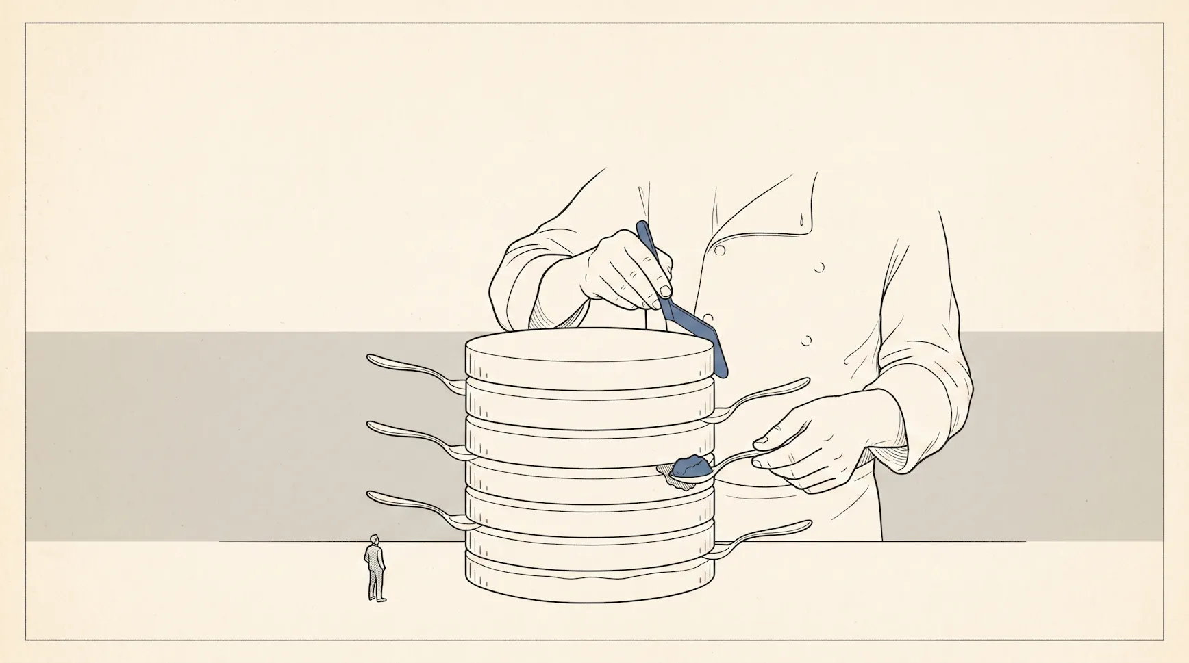 Illustration of a chef spooning sauce onto a tall stack of identical pans while a tiny figure looks on