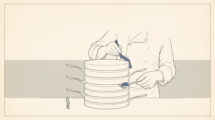 Illustration of a chef spooning sauce onto a tall stack of identical pans while a tiny figure looks on