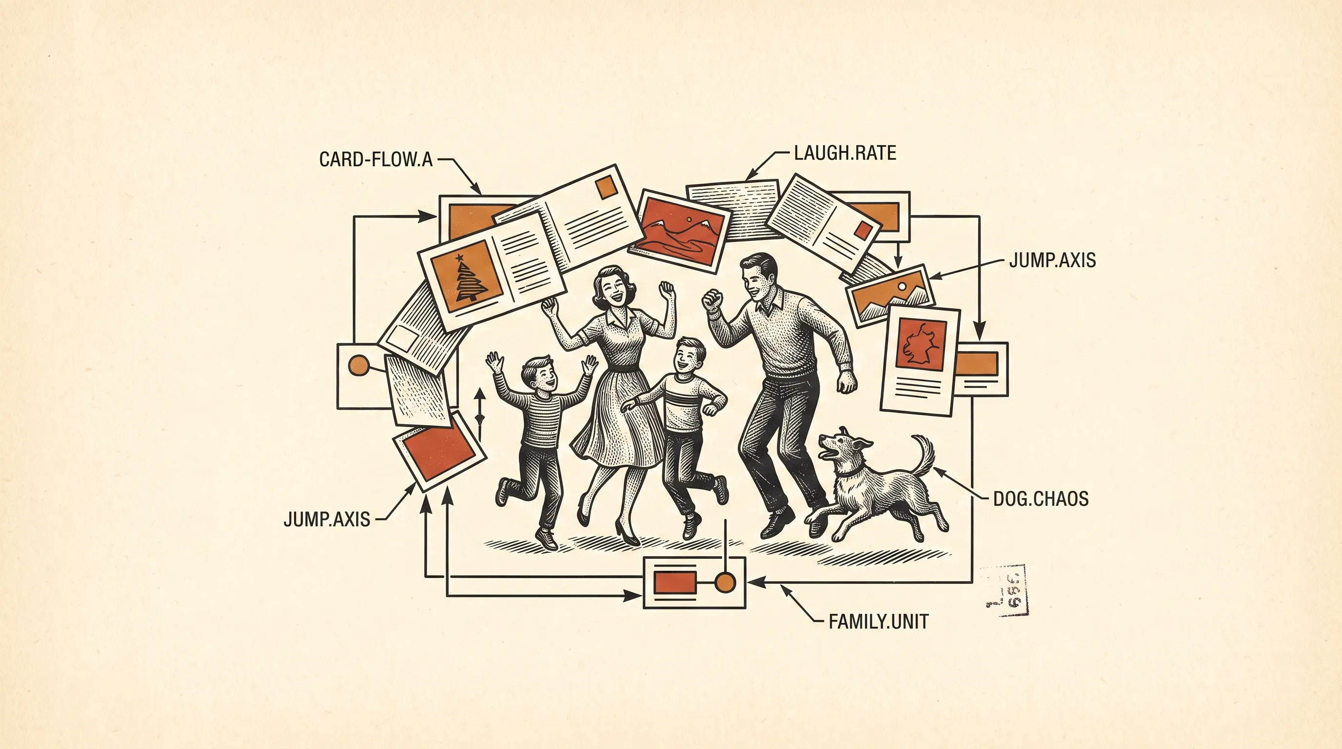Engraved illustration of a family and dog leaping among flying Christmas cards, annotated with labels like card-flow, laugh rate and dog chaos