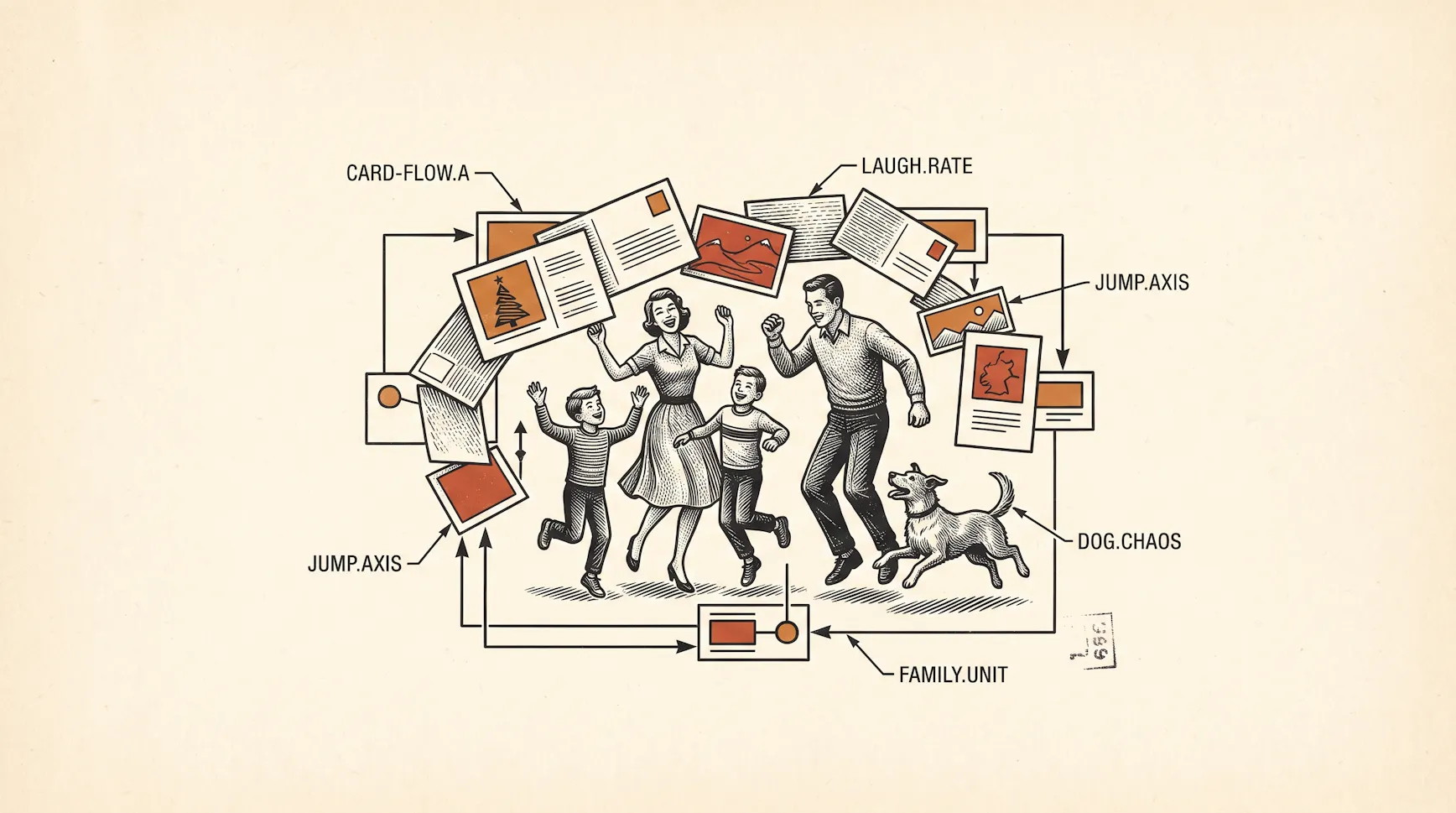 Engraved illustration of a family and dog leaping among flying Christmas cards, annotated with labels like card-flow, laugh rate and dog chaos