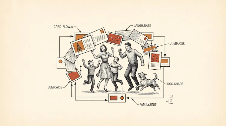 Engraved illustration of a family and dog leaping among flying Christmas cards, annotated with labels like card-flow, laugh rate and dog chaos