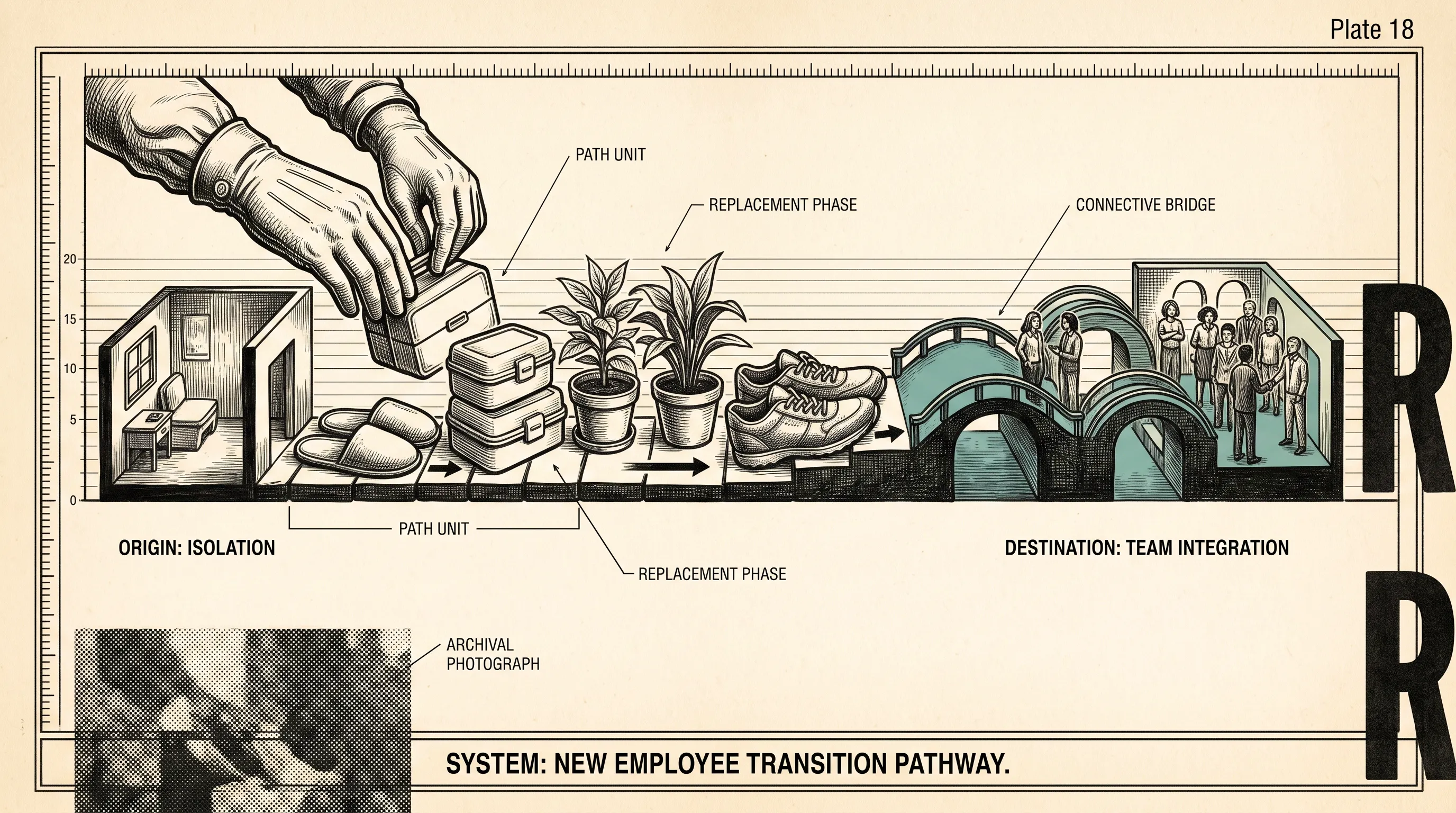 Illustrated pathway from a lone home office to a group of colleagues via slippers, lunch boxes, plants, sneakers and a bridge, captioned New Employee Transition Pathway