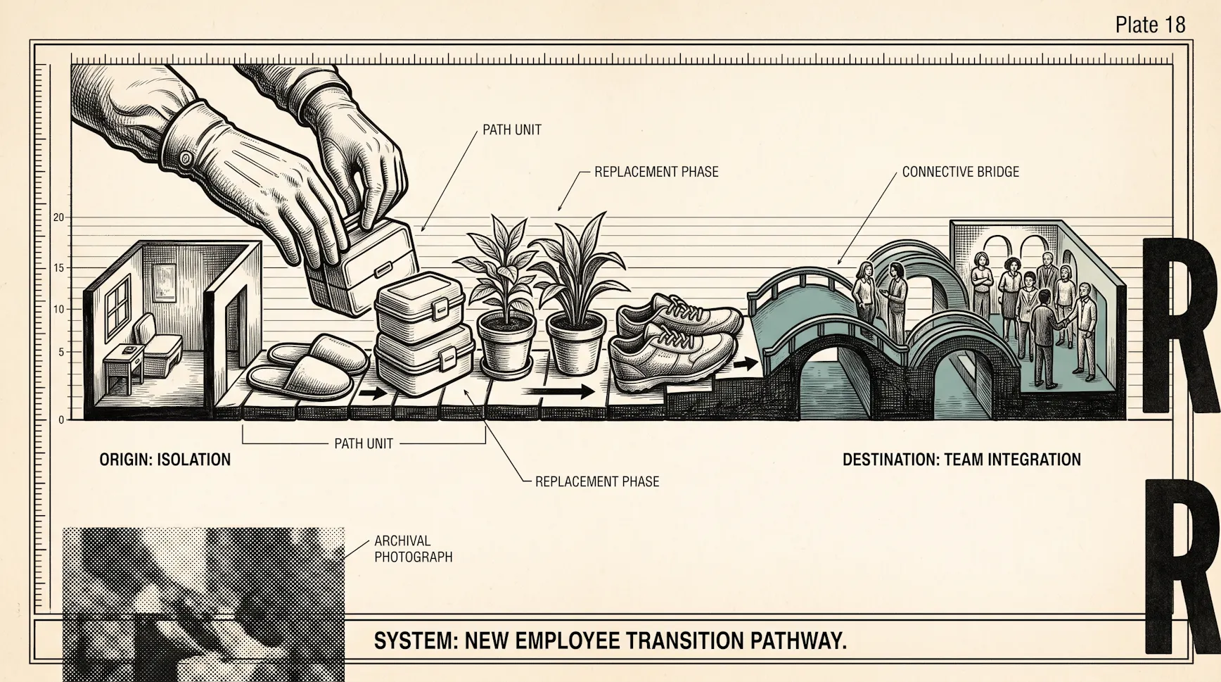 Illustrated pathway from a lone home office to a group of colleagues via slippers, lunch boxes, plants, sneakers and a bridge, captioned New Employee Transition Pathway