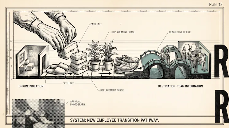 Illustrated pathway from a lone home office to a group of colleagues via slippers, lunch boxes, plants, sneakers and a bridge, captioned New Employee Transition Pathway