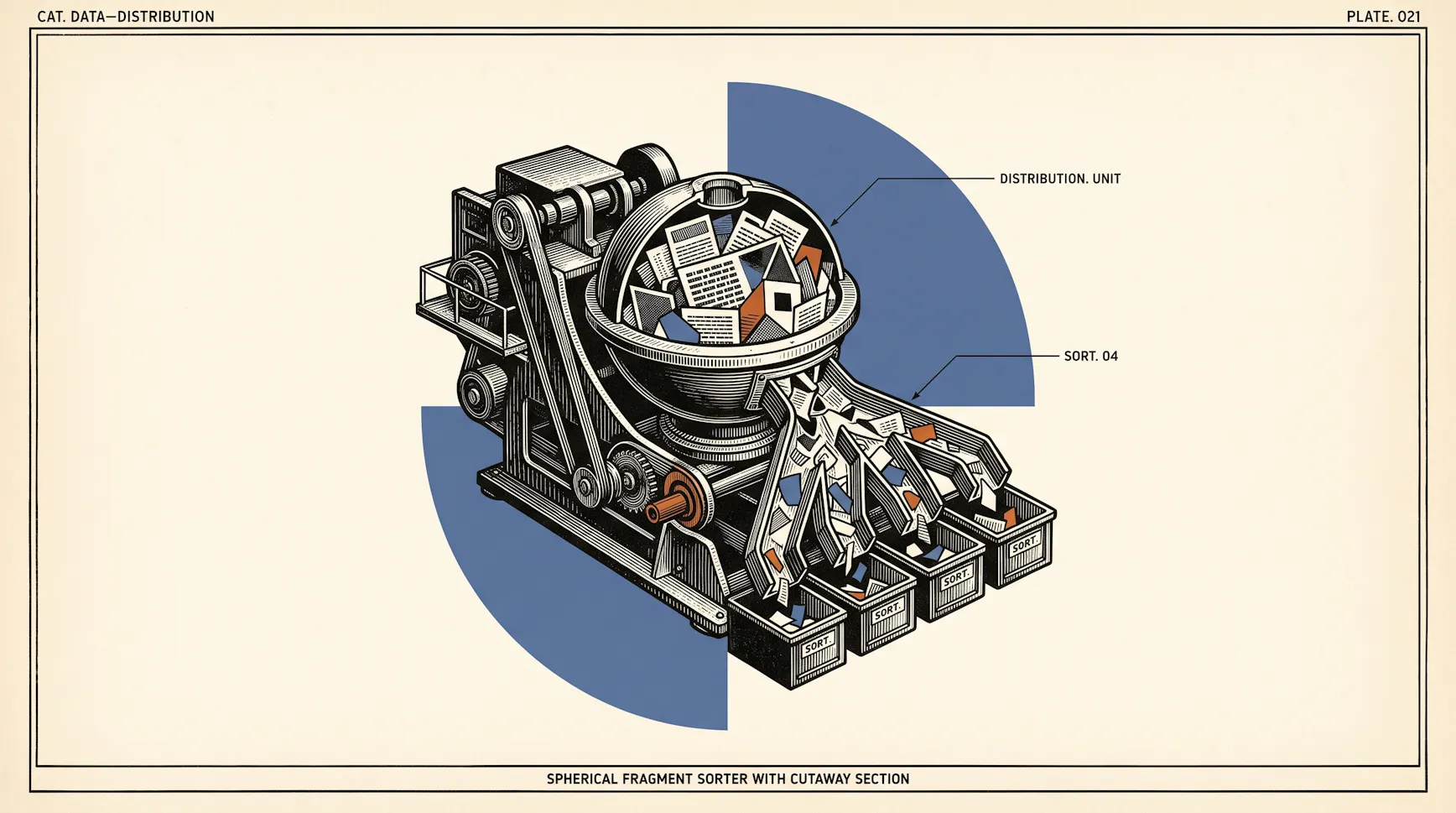 Illustration of a spherical machine sorting document fragments into labeled bins, captioned Spherical Fragment Sorter with Cutaway Section