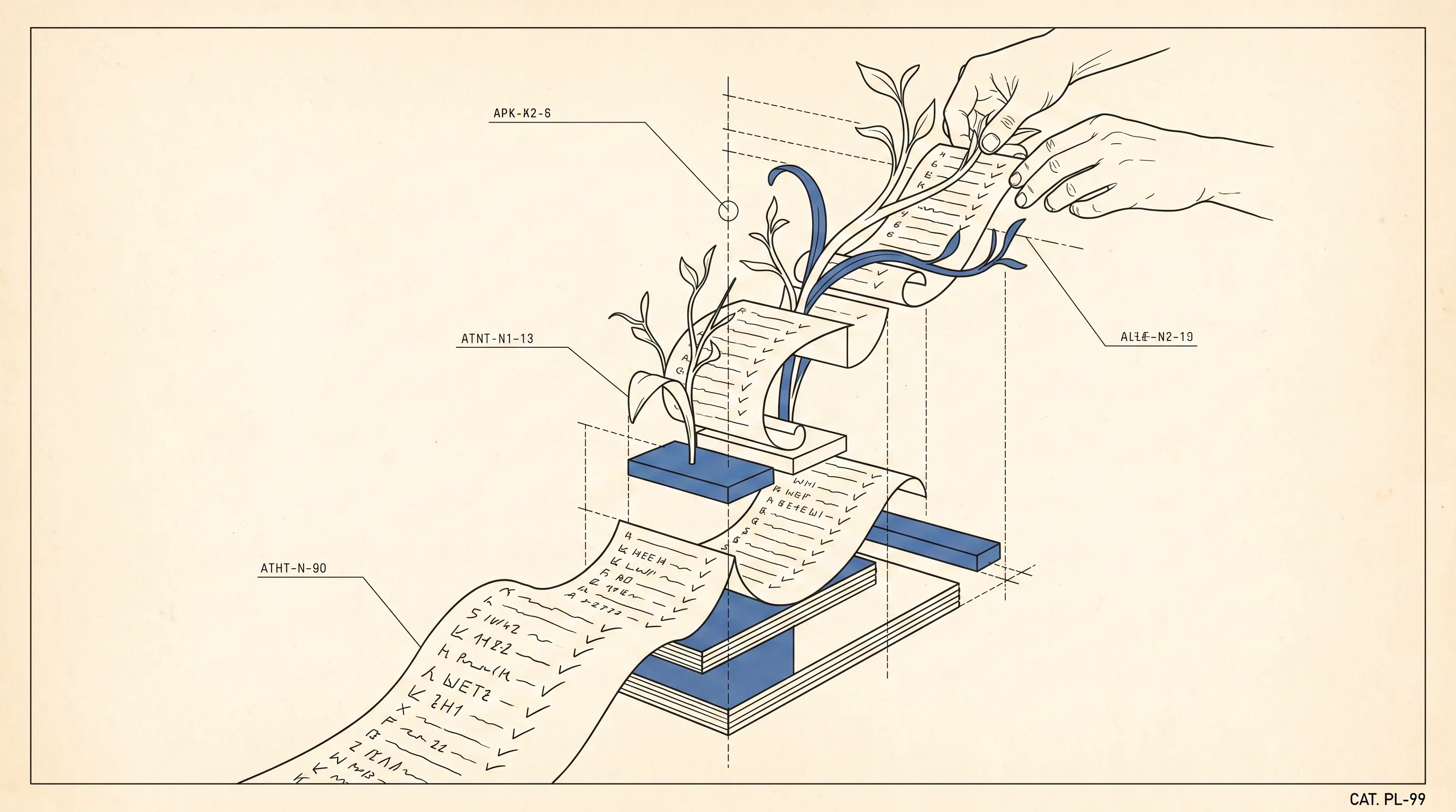 Blueprint-style illustration of checklists unrolling down a staircase with plants sprouting from them as a hand sets the top one in place