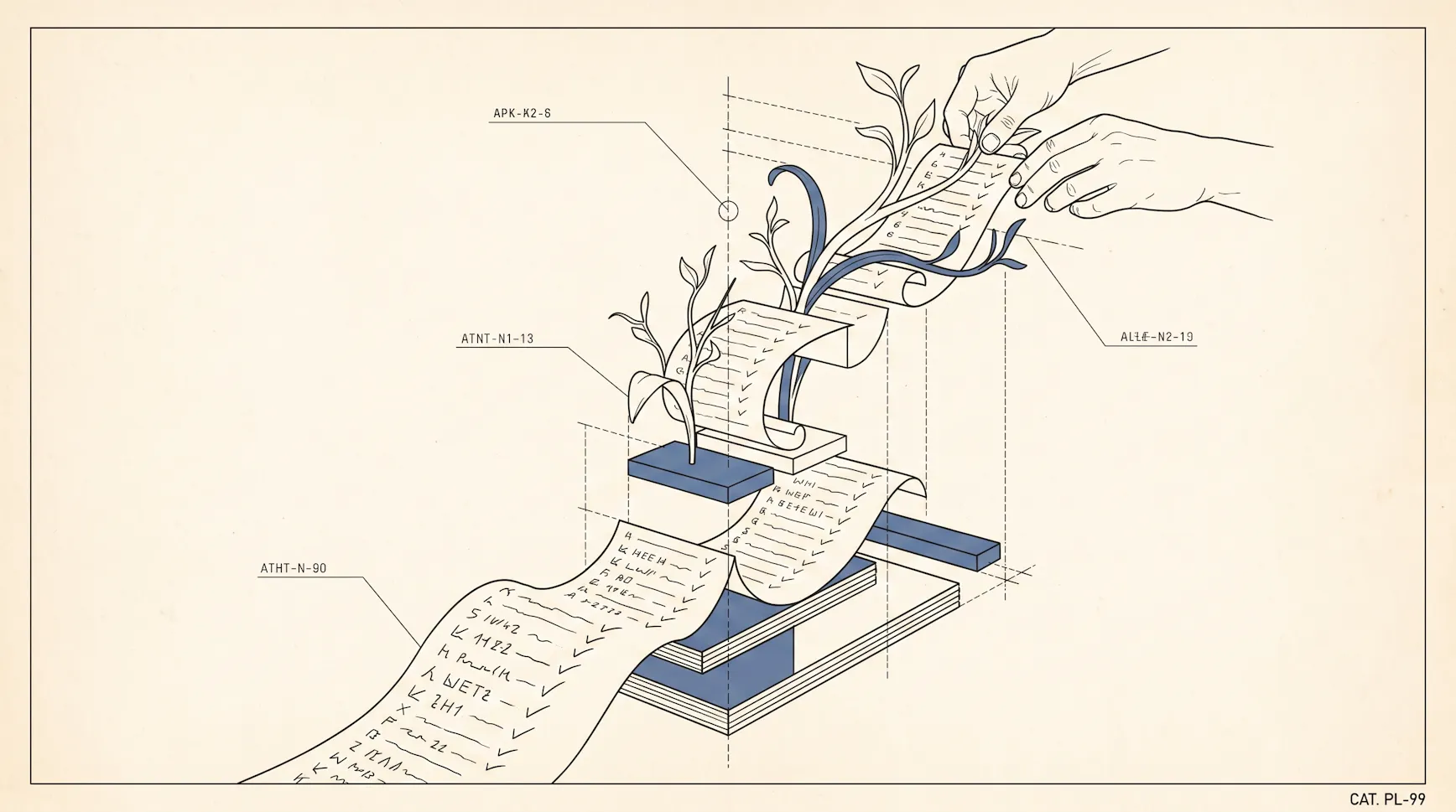 Blueprint-style illustration of checklists unrolling down a staircase with plants sprouting from them as a hand sets the top one in place