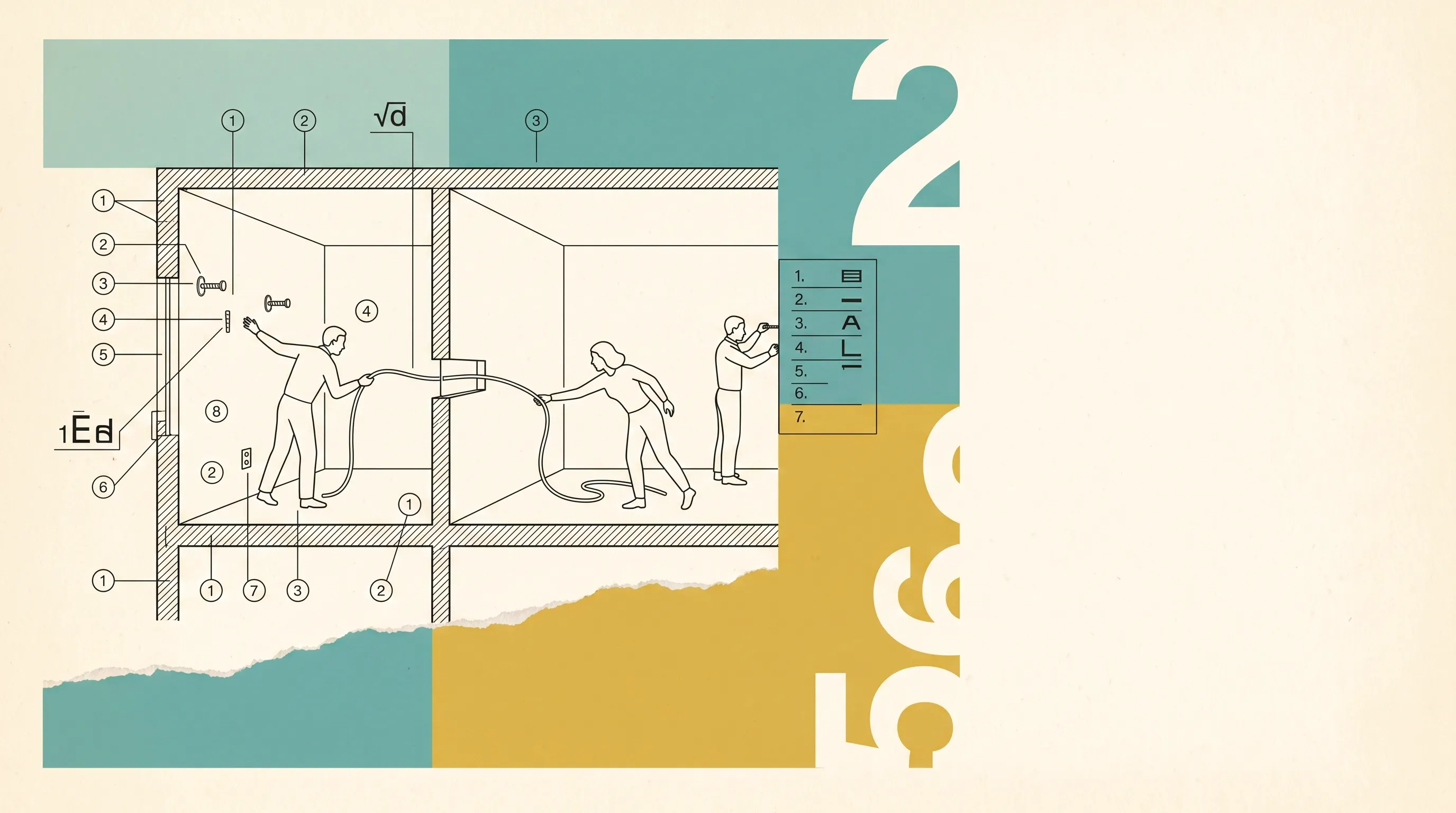 Technical illustration of two people in adjacent rooms passing a cable through the wall to connect, with numbered callouts