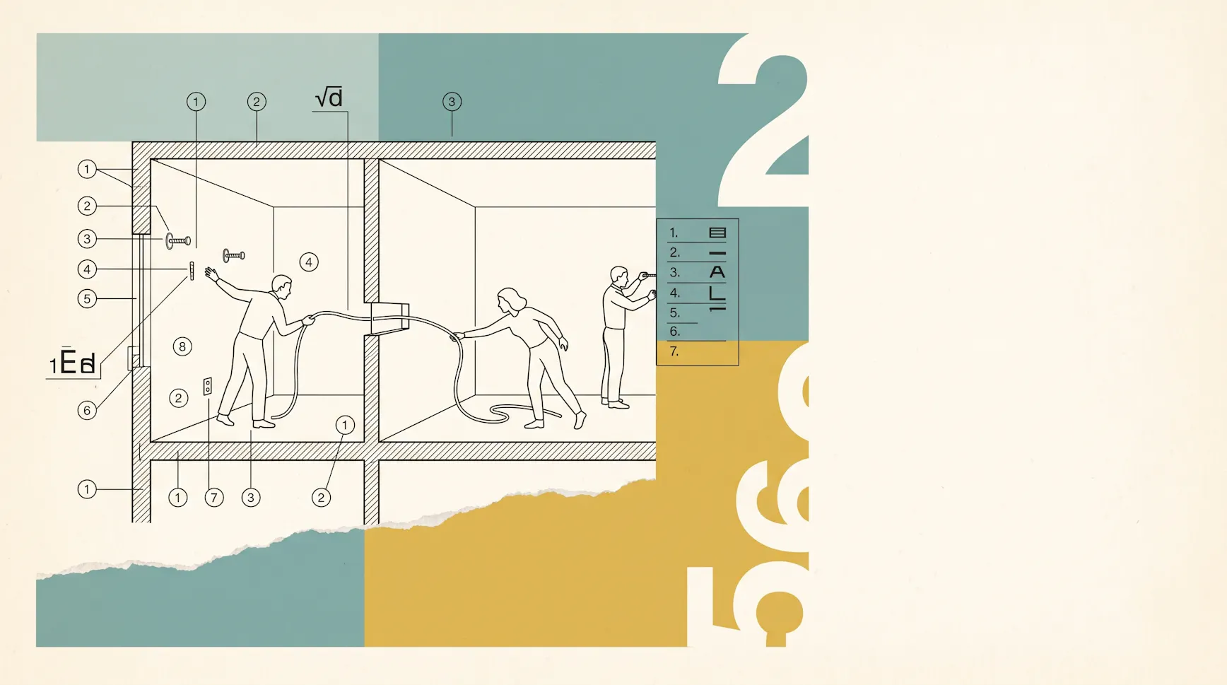 Technical illustration of two people in adjacent rooms passing a cable through the wall to connect, with numbered callouts