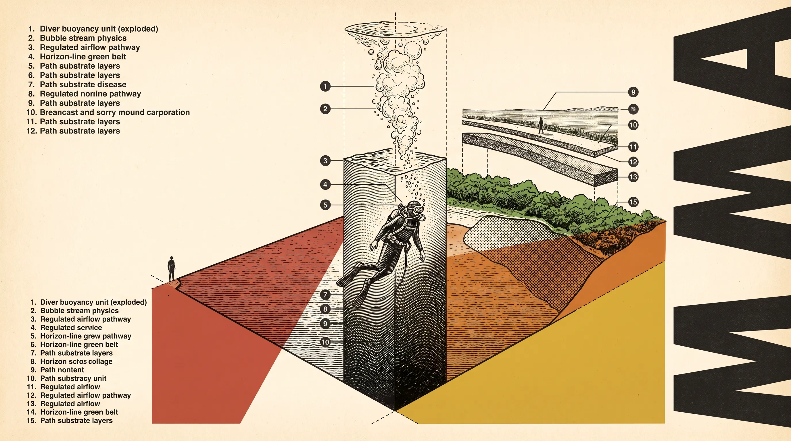 Engraved diagram of a scuba diver descending a column of bubbles into a cross-section of land, with numbered callouts
