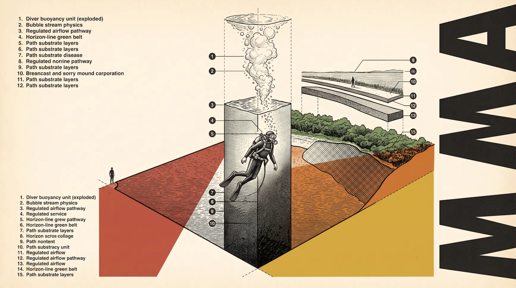 Engraved diagram of a scuba diver descending a column of bubbles into a cross-section of land, with numbered callouts