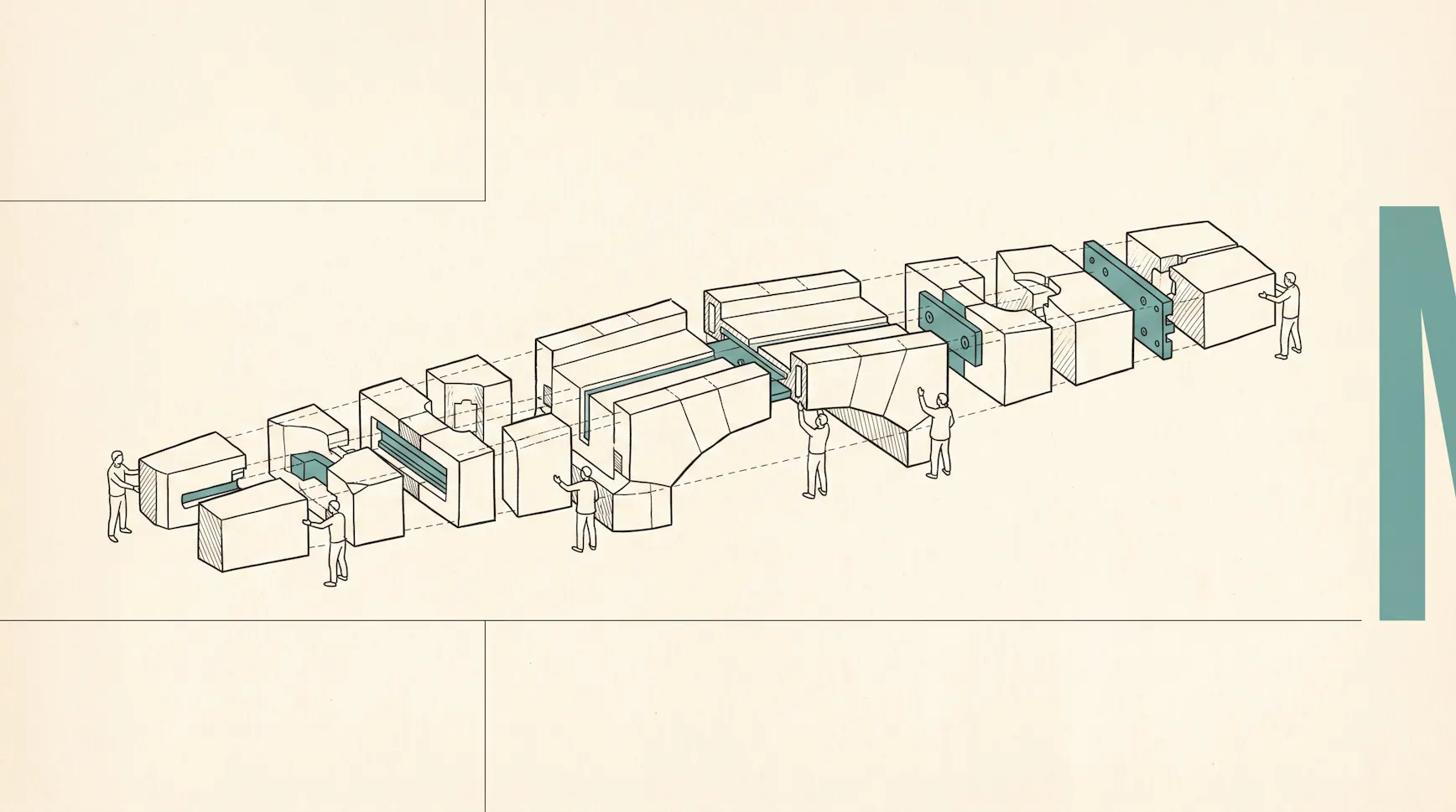 Isometric illustration of small figures assembling a row of large modular blocks connected by teal panels