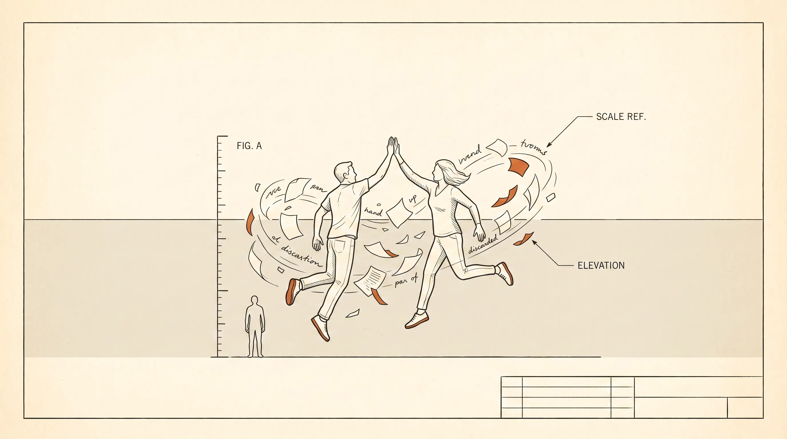Blueprint-style illustration of two people leaping to high-five amid a swirl of discarded pages of copy