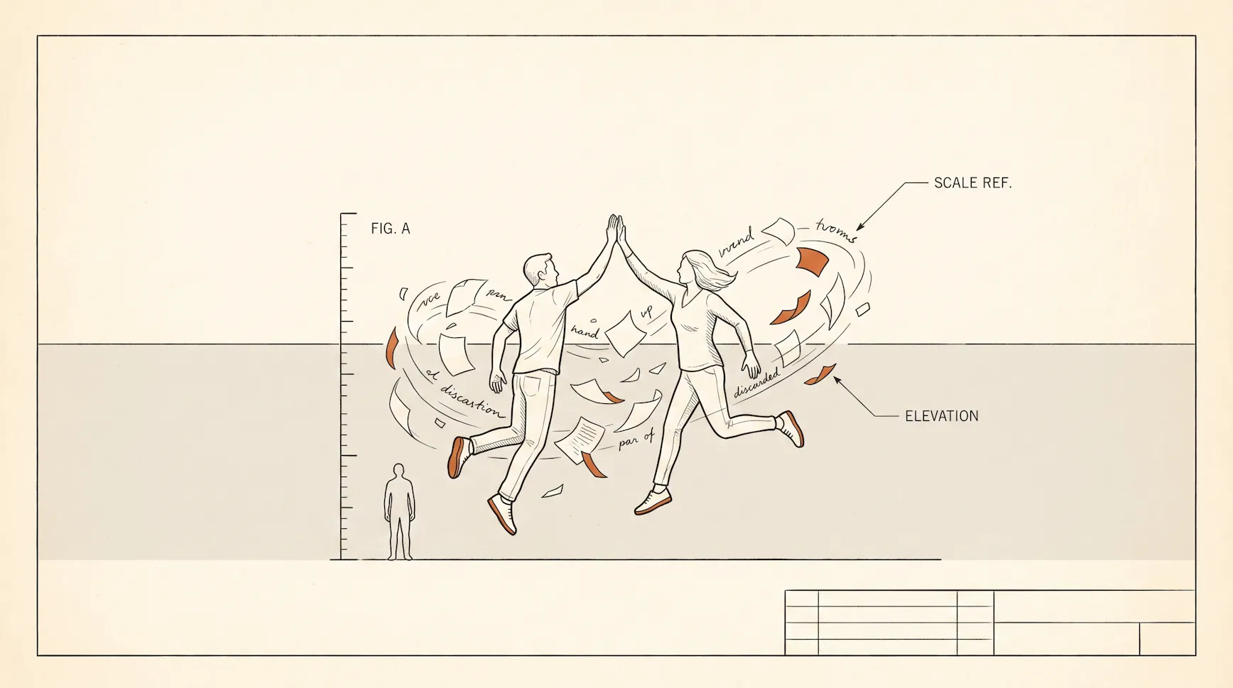 Blueprint-style illustration of two people leaping to high-five amid a swirl of discarded pages of copy