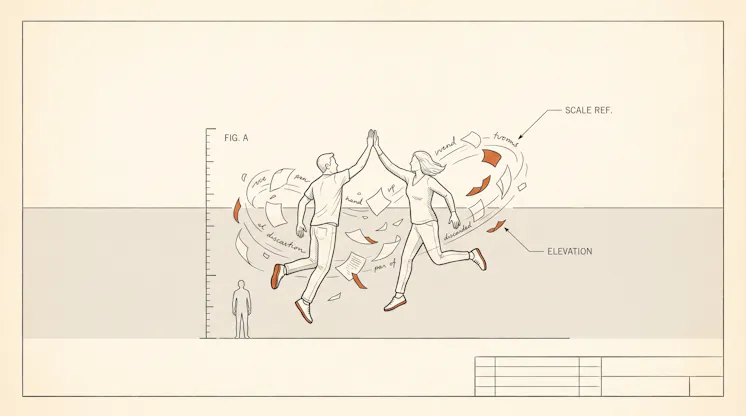 Blueprint-style illustration of two people leaping to high-five amid a swirl of discarded pages of copy